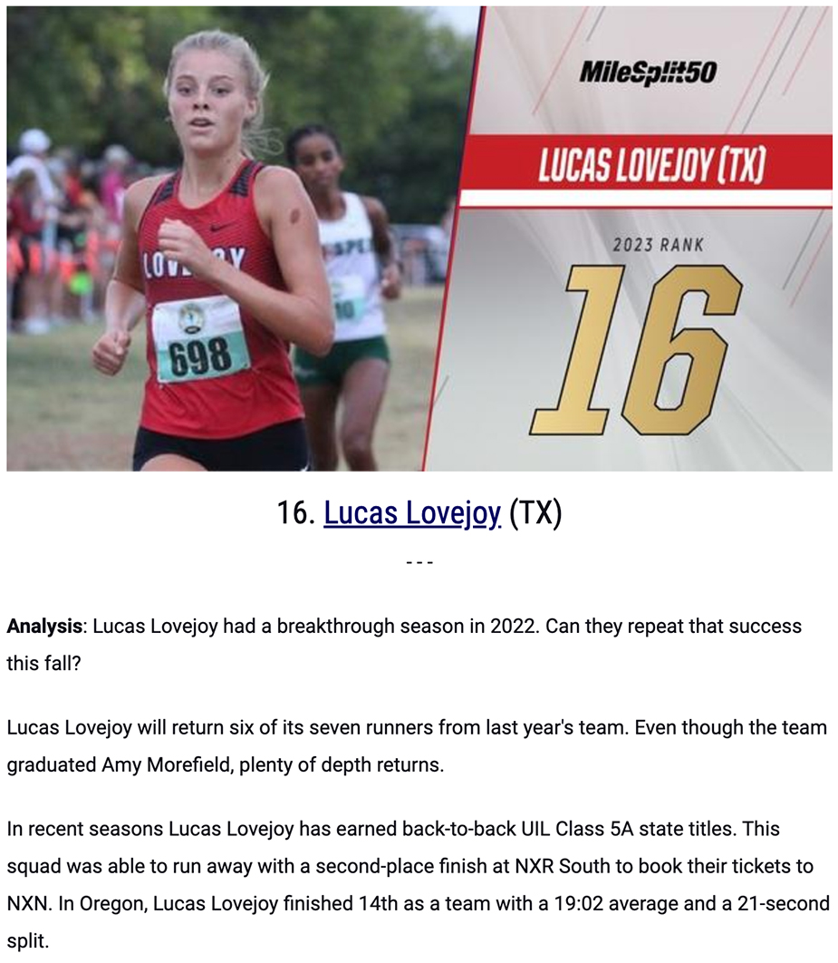 US MileSplit ranking for Lovejoy US MileSplit ranking for Lovejoy